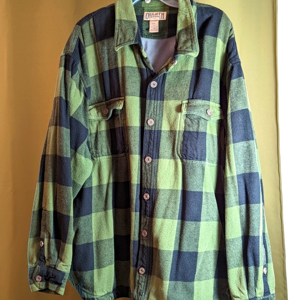 Men's Duluth Flannel Fleece Lined Shirt Jacket Green Black Plaid 4xl